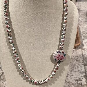 Fabulous 28 inch Handcrafted White and Pink Floral cloisonné Necklace